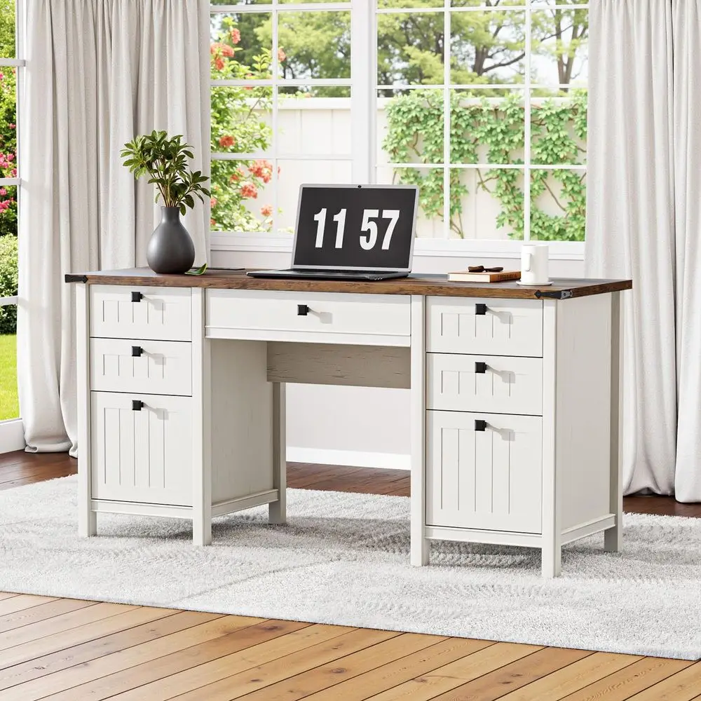 

Executive Desk with Drawers 62 W Farmhouse Computer Desk with Power Outlets amp USB Charging, Heavy Duty Storage Desk for Home