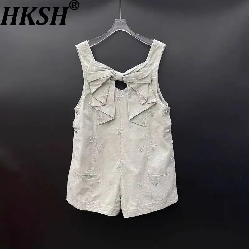 HKSH Women Playsuits Heavy Embroidery Bowknot Design Sleeveless Button Washed High Street Niche Jumpsuit Wide Leg Shorts HK25300