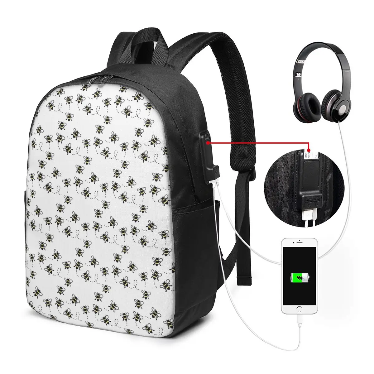 Bees And Flight Trajectory Pattern Backpack Travel Notebook Bag Computer College Student School Bag Laptop Shoulder Bags