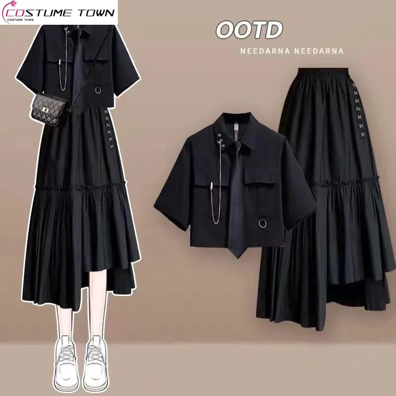 

Fashion Women's Set Spring/Summer Korean Loose Work Short Sleeved Shirt+High Waist Irregular Half Skirt Two Piece Set