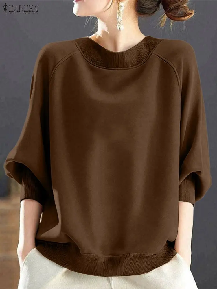 ZANZEA 2025 Herfst Raglanmouwen Sweatshirts Womens Casual Ronde Hals Lange Mouw Effen Kleur Lint Hoodies Gezellige Tops