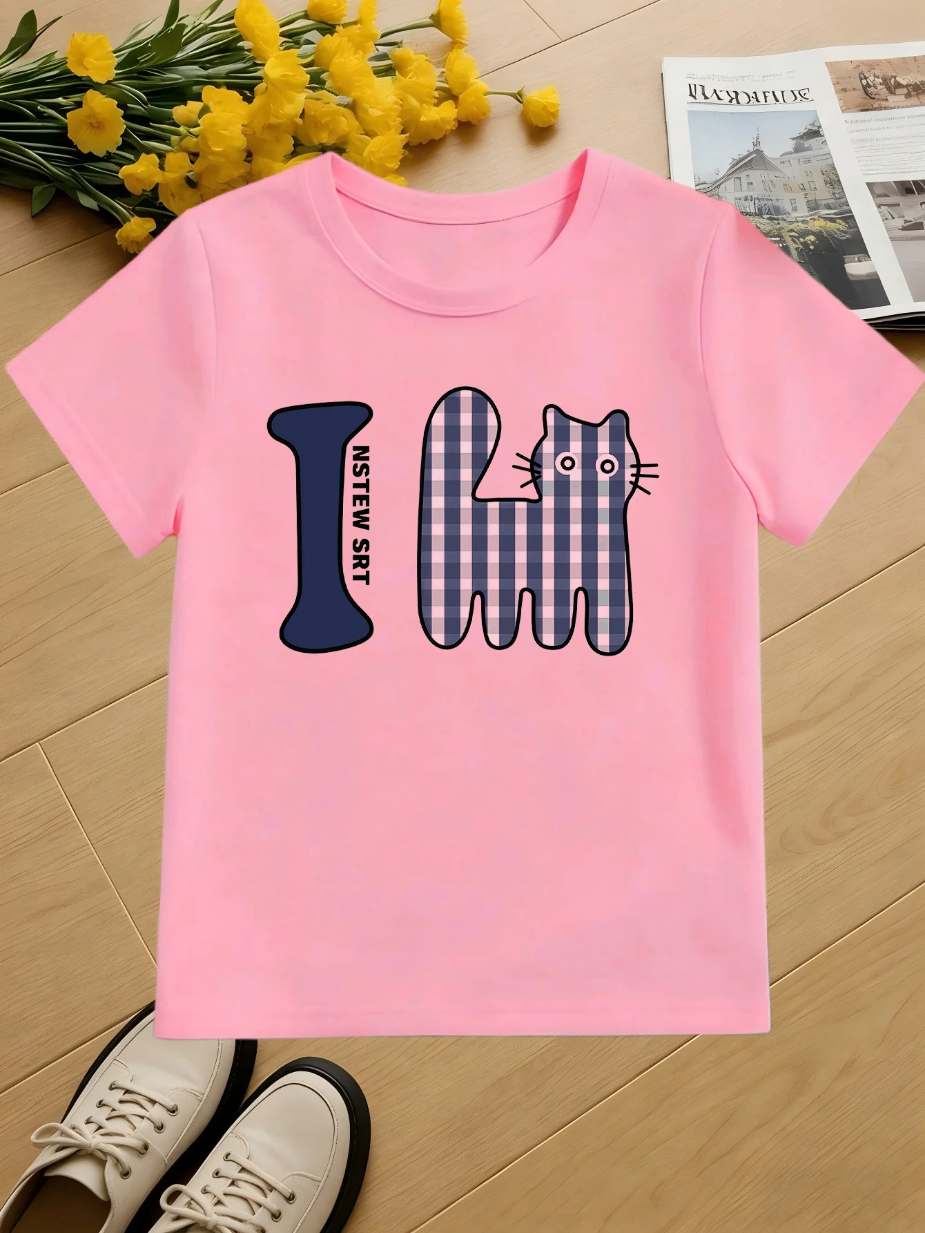 I Love Plaid Cat Kids Tee Cute Cartoon Kitten Print Boys Girls Family Matching Cotton Summer Short Sleeve Basic Children Tshirt