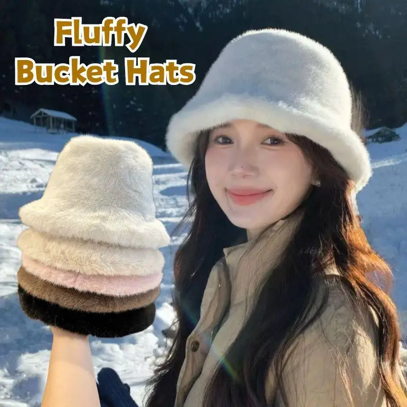 

Hot Winter Fluffy Fur Fisherman Hat For Women Solid Bucket Hat Plush Ear Protection Cap Windproof Warm Female Panama Caps Bonnet
