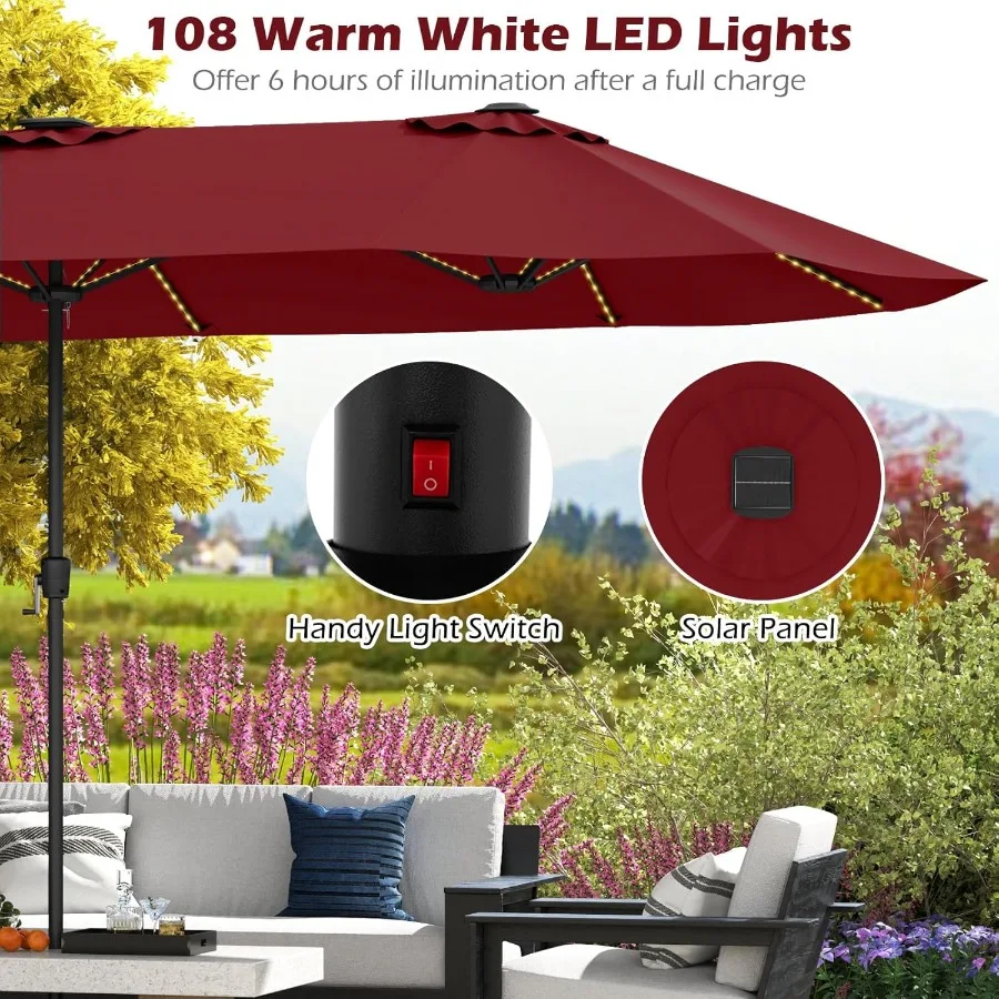 15.5 FT Doublesided Patio Umbrella with Solar Lights for Outdoor Garden Deck Poolside Use Oversized Rectangle Design with Crank
