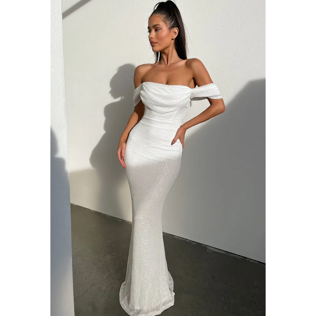 

Elegant Off the Shoulder Cocktail Dresses Sequins Pleated Boat Neck Backless Party Dress Plain Bodycon Mermaid Evening Gowns New