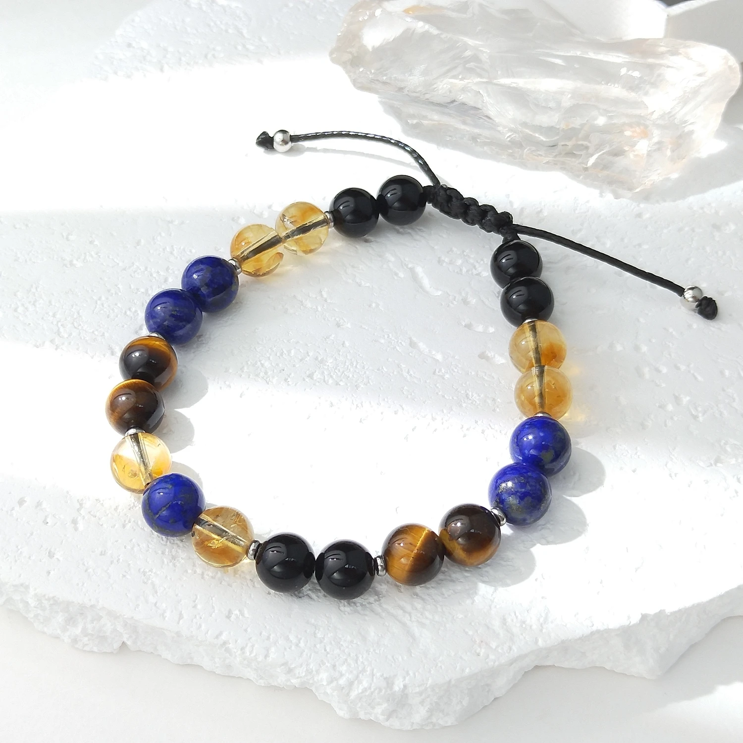 Lii Ji Natural Stone Lapis lazuli Tiger's Eye Citrine Black Agate 8mm Adjustable Bracelet for Male Jewelry 20-27cm