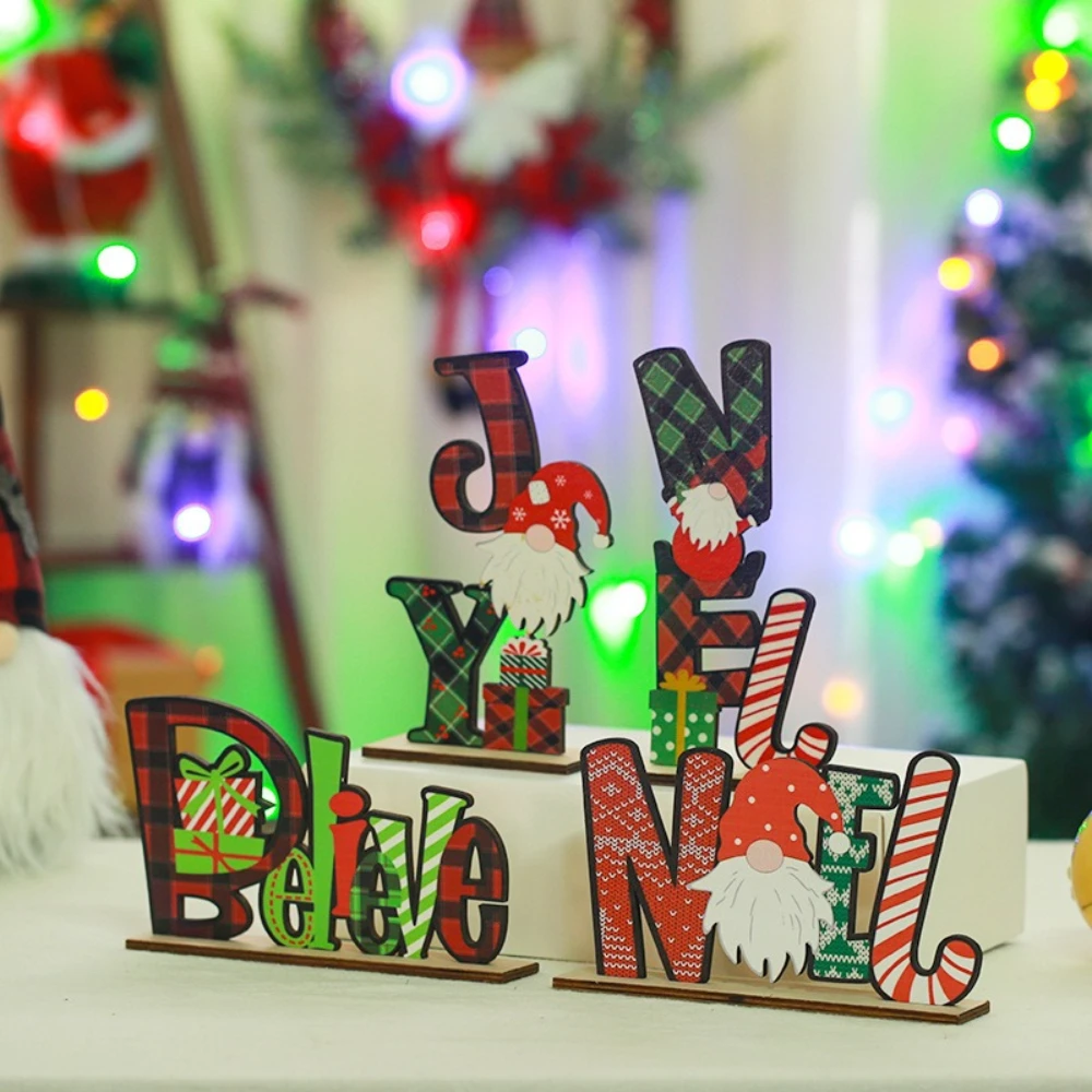 2pcs New Christmas Decoration Wooden English Printed Rudolf Figure-piece Christmas Home Punk Dining Table Office Decoration