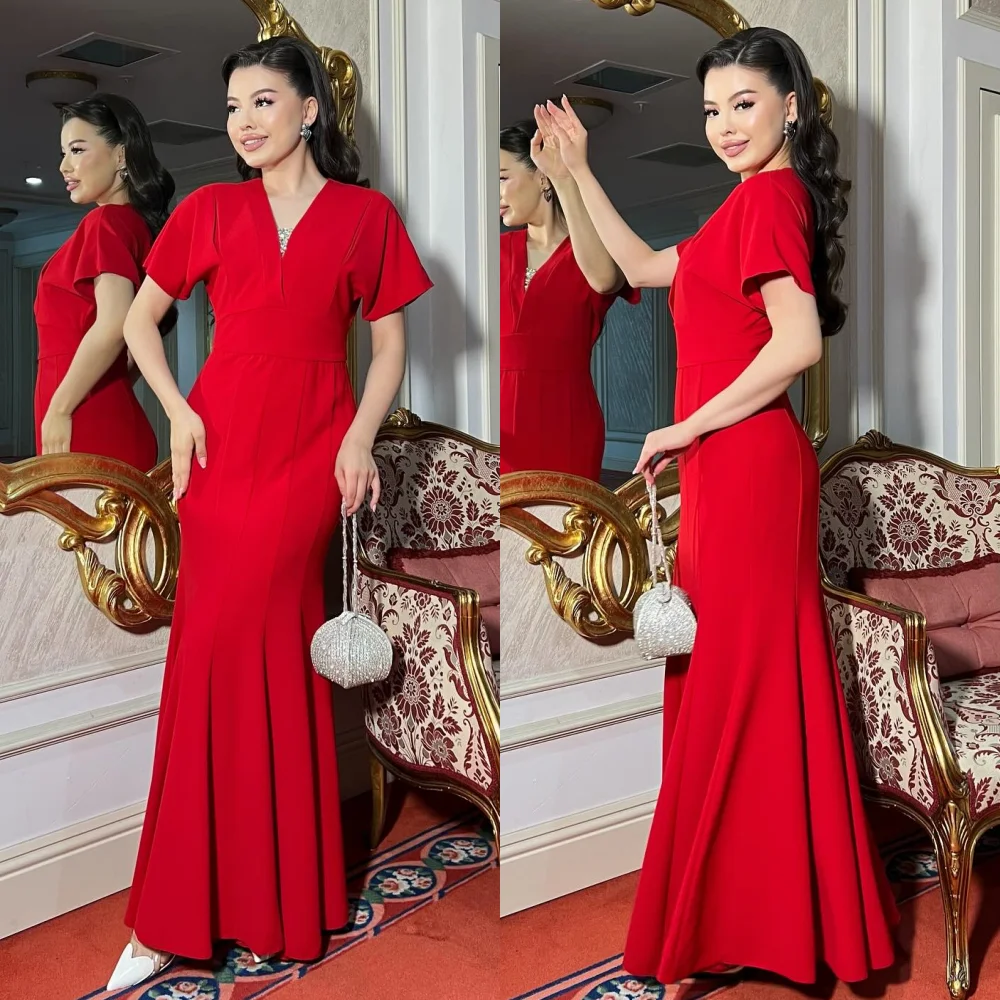 

Customized Sizes Available High Quality Chiffon Ruched Draped Mermaid V-neck Long Dresses Bespoke Occasion Dresses Chinese Style