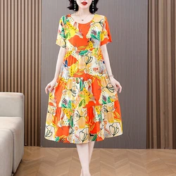 2023 New Style Women Plus Size Dress Vintage Casual O-Neck Elegent A-Line Robe Femme Short Sleeve Vestido Print Summer dresses