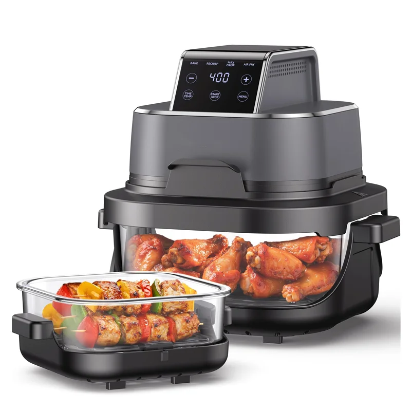 5.5L Square Air Fryer 2 Glass Bowls 1500W Digital 4-in-1 Bake Recrisp Max Crisp Nonstick Dishwasher Safe Oil-Free Cooking