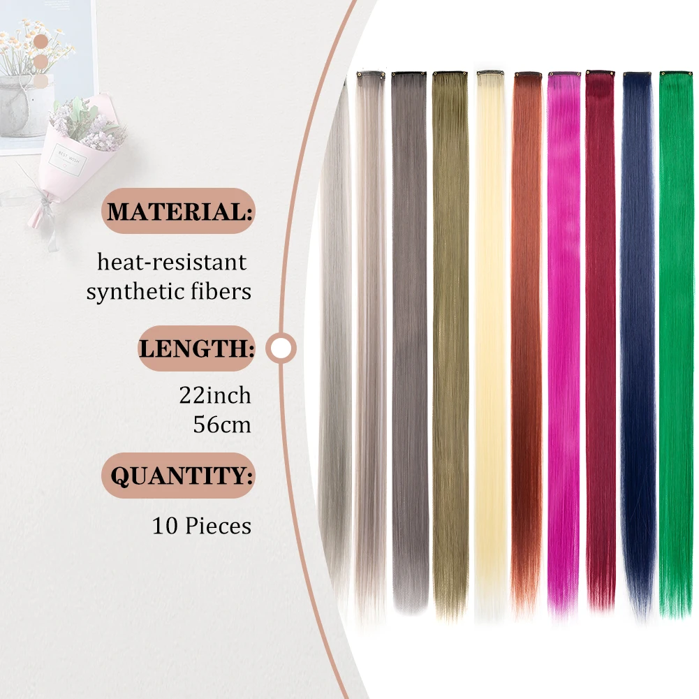 10 PCS Colored Clip in Hair Extensions 22 Inch Rainbow Straight Synthetic Hairpieces For women Cosplay Party Christmas New Year