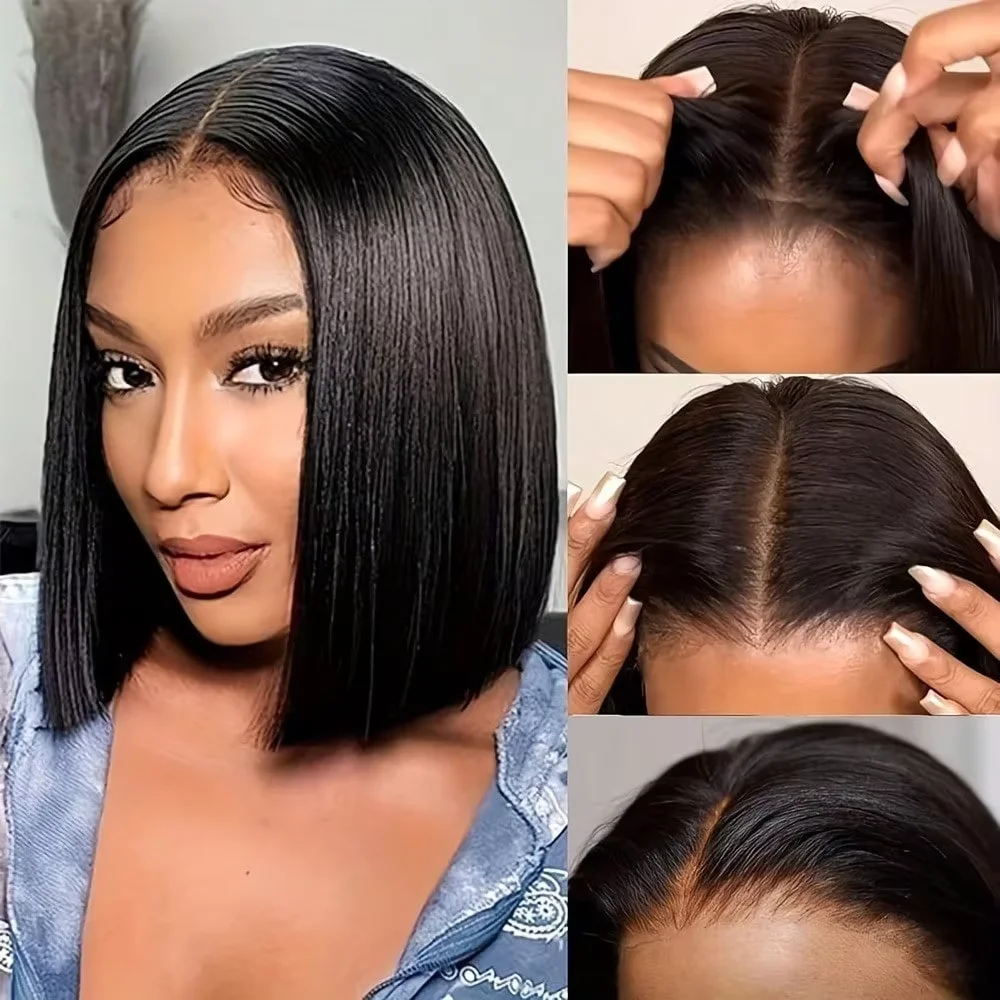 

13x4 HD Transparent Lace Front Wig 200 Density Natural Color Short Bob Preplucked Hairline Bone Straight Soft Smooth Hair For Women 8-14 Inch