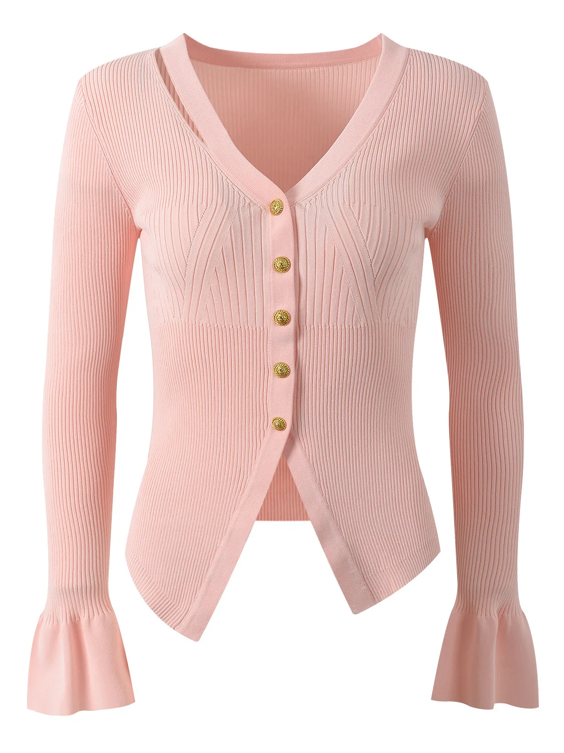 

Spring 2026 Hollow out V-Ne Gold Button Faion Slimming Bell Sve Knitted Open Cardigan Top Women's Long Sve Knitwear