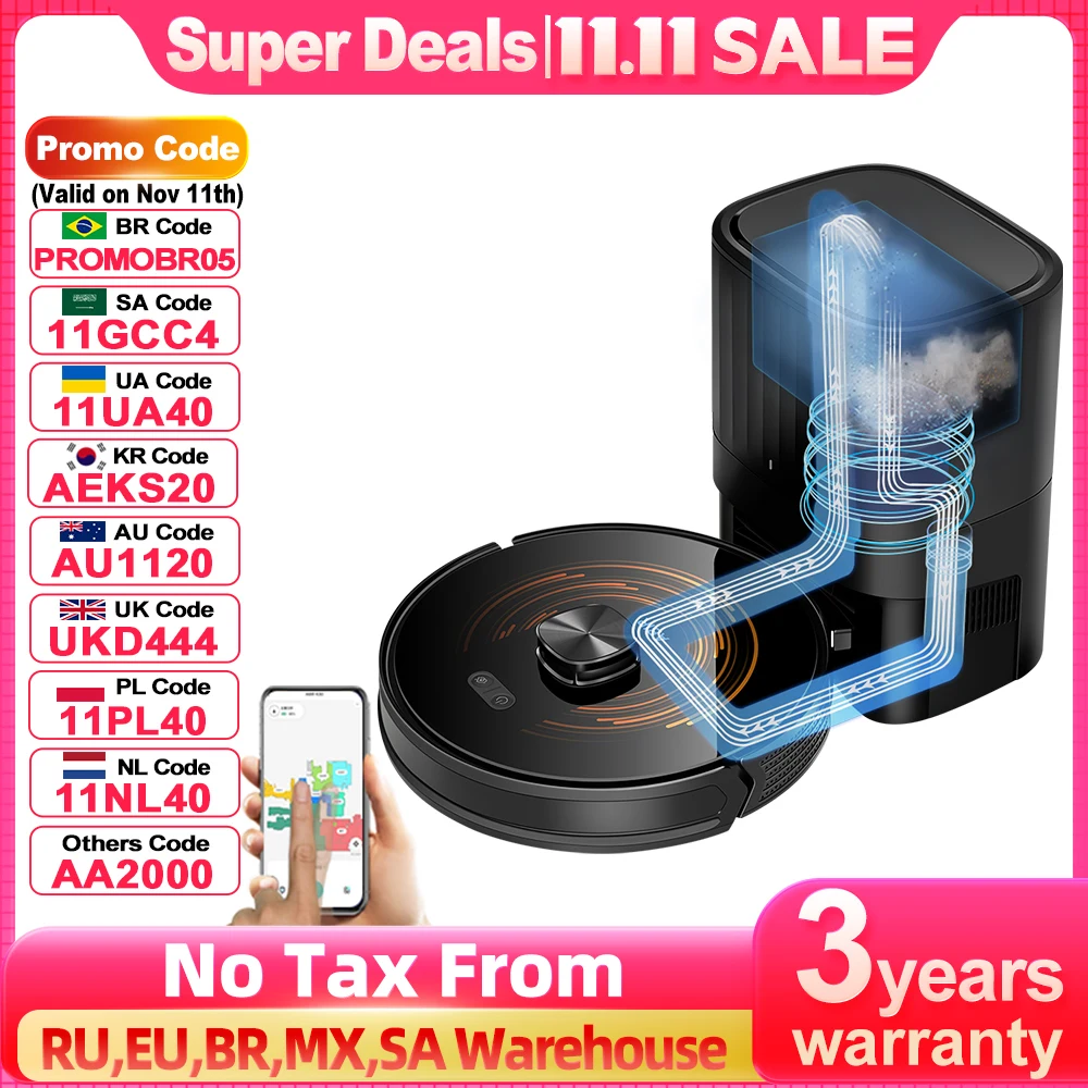 ABIR K30 로봇 진공 청소기, 자동 빈 도크, 6500PA 흡입, 다중 바닥 매핑, 맞춤형 습식 건조실 청소