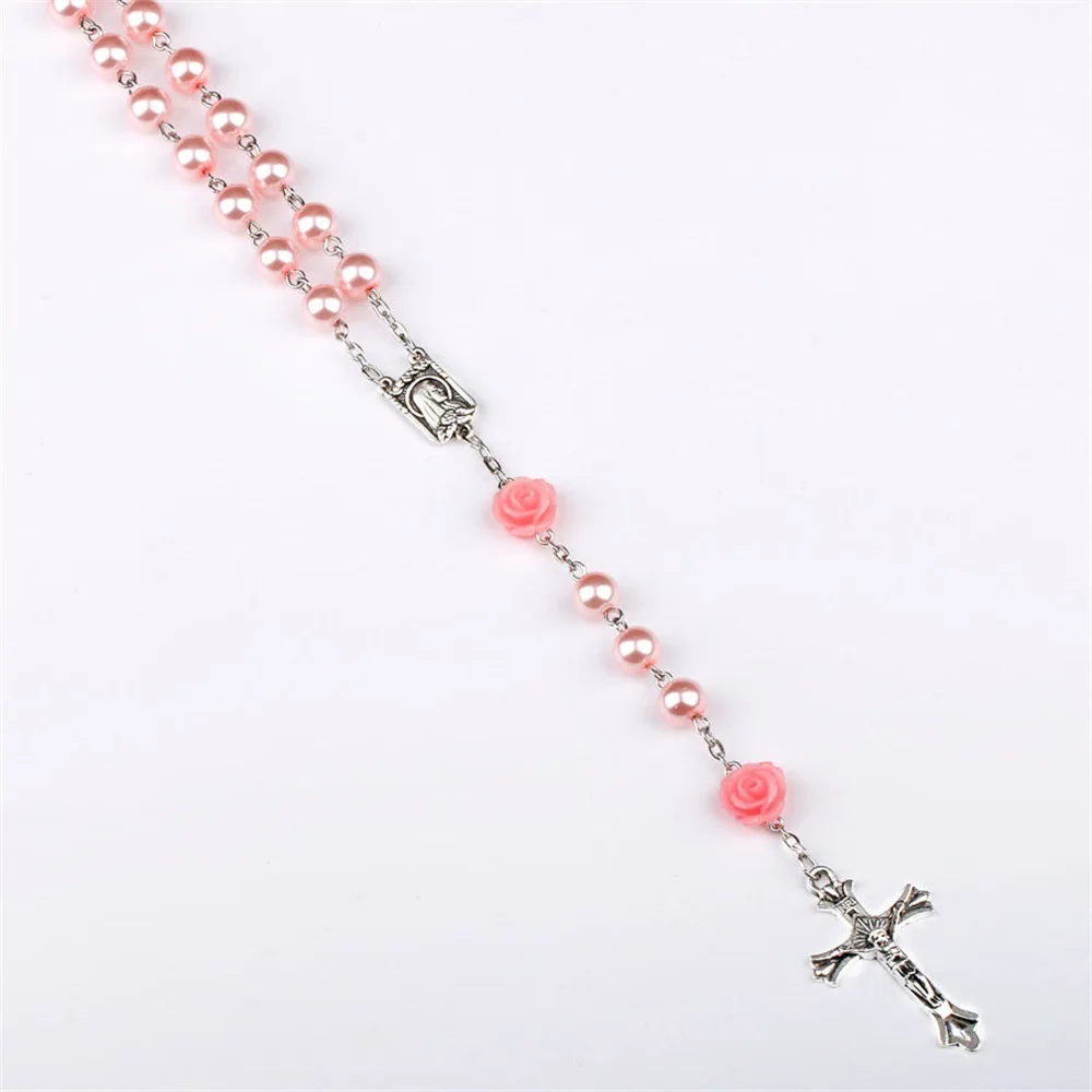 6MM Pink Rosary Necklace For Women Rose Glass Beads Chain Crucifix Cross INRI Pendant Men Religious Prayer Long Jewelry