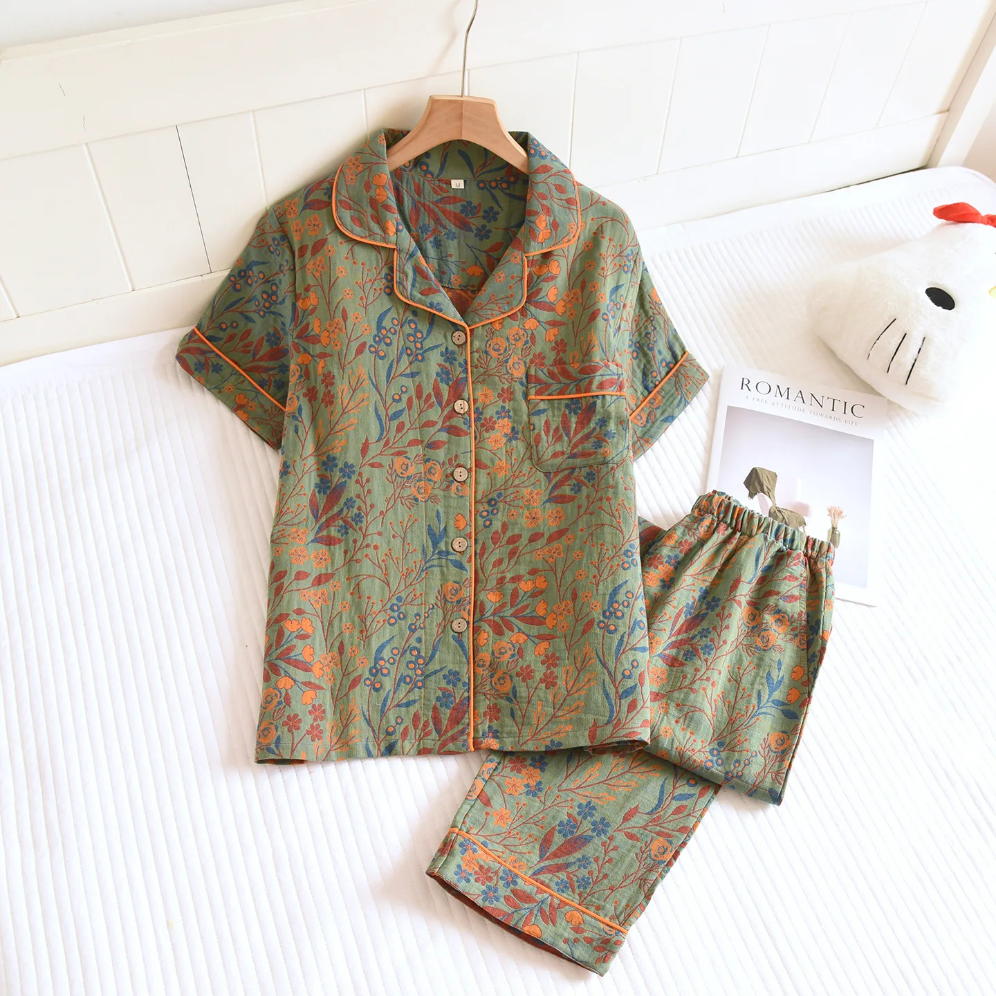 

Cotton Gauze Sleepwear Clothes for Women's Summer Thin Cardigan Short Sleeved Shirt Tops with Long Pants Home Pajamas