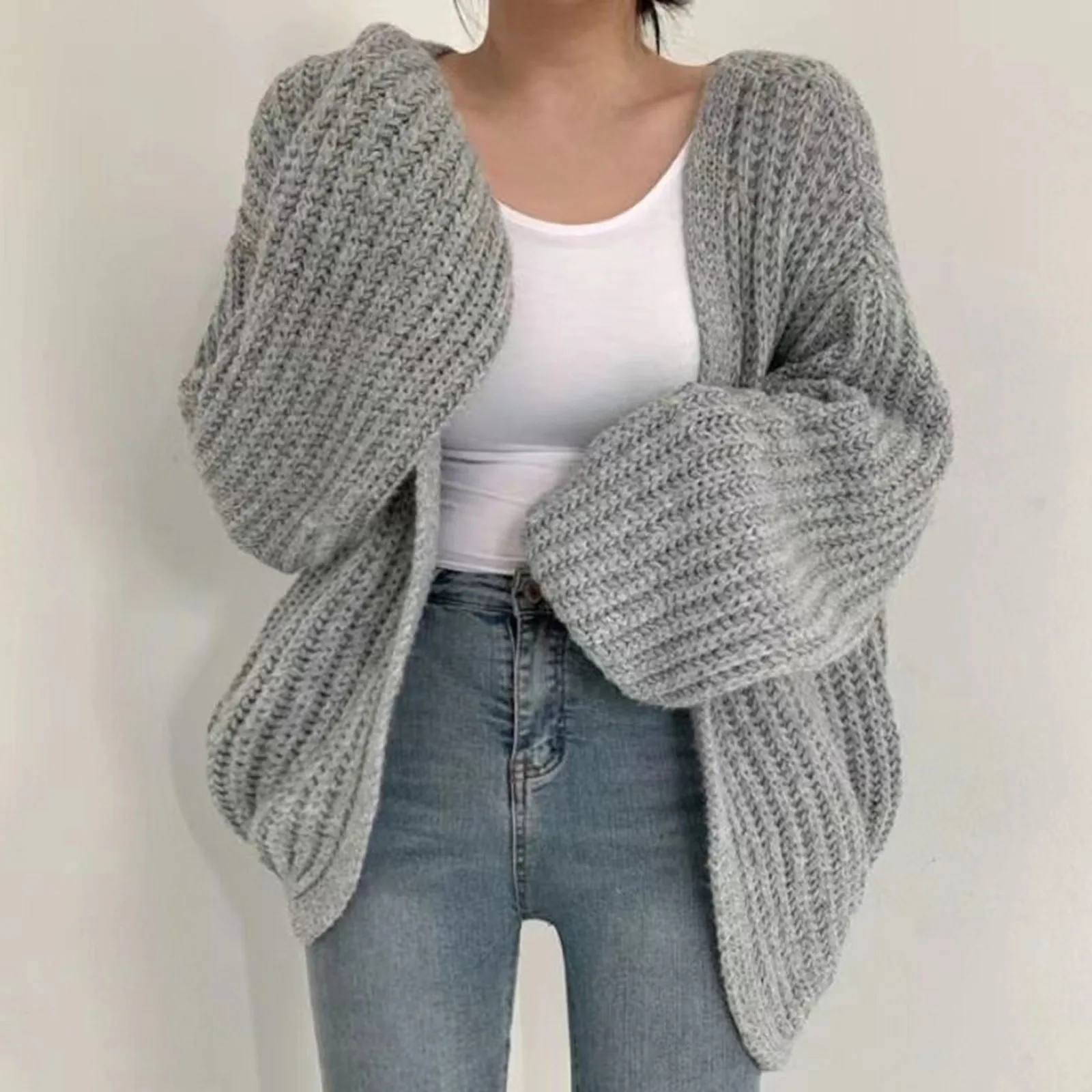 Autumn and Winter Thick Needle Sweater Coat Women Balloon Sleeve Solid Color Knitted Cardigan Coarse Loose Sweaters Jacket