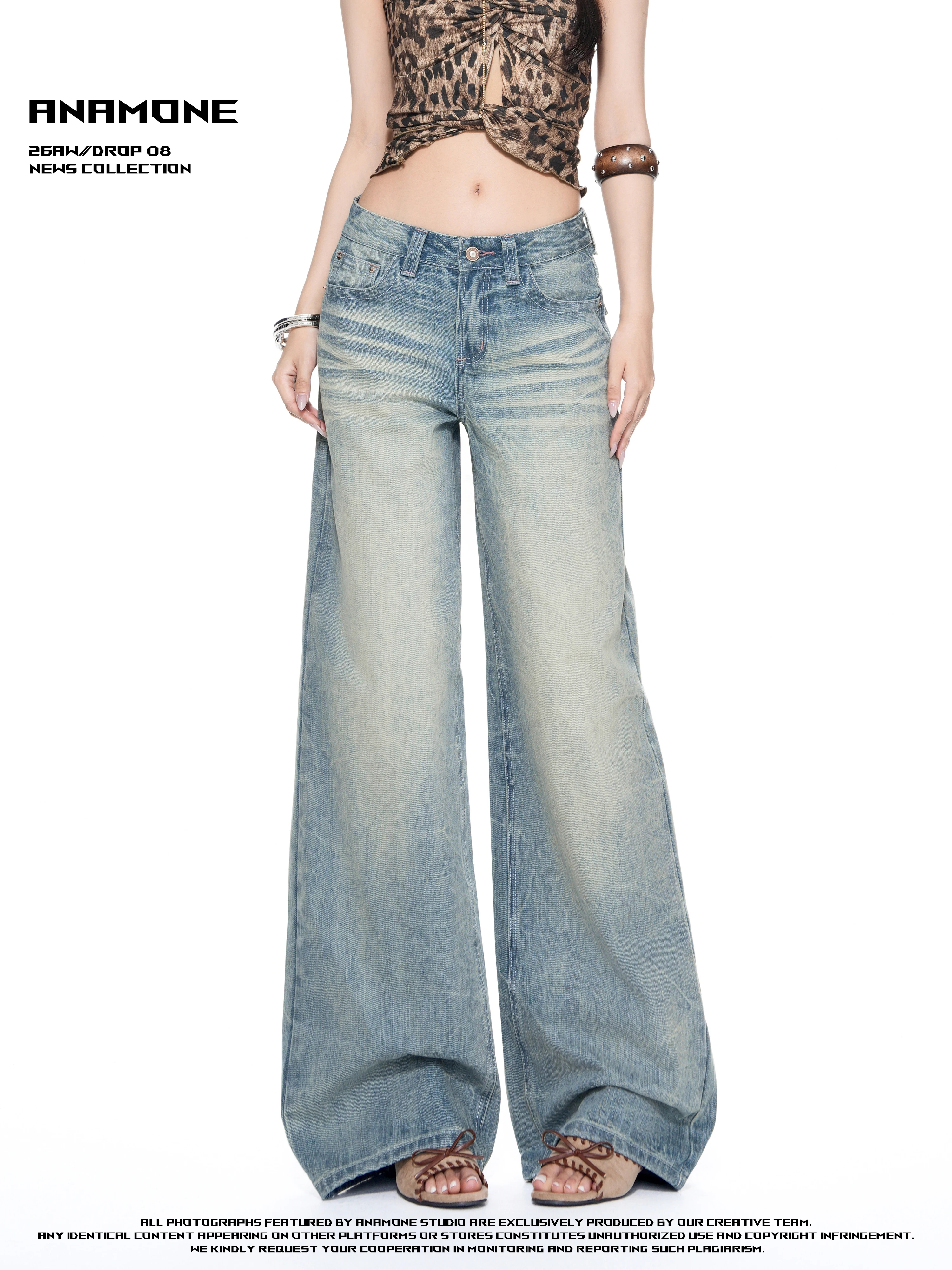 ANAMONE American Retro Low Waist Wide Leg Jeans Women's Loose Feeling Loose Slimming Long Pants Casual Blue Denim