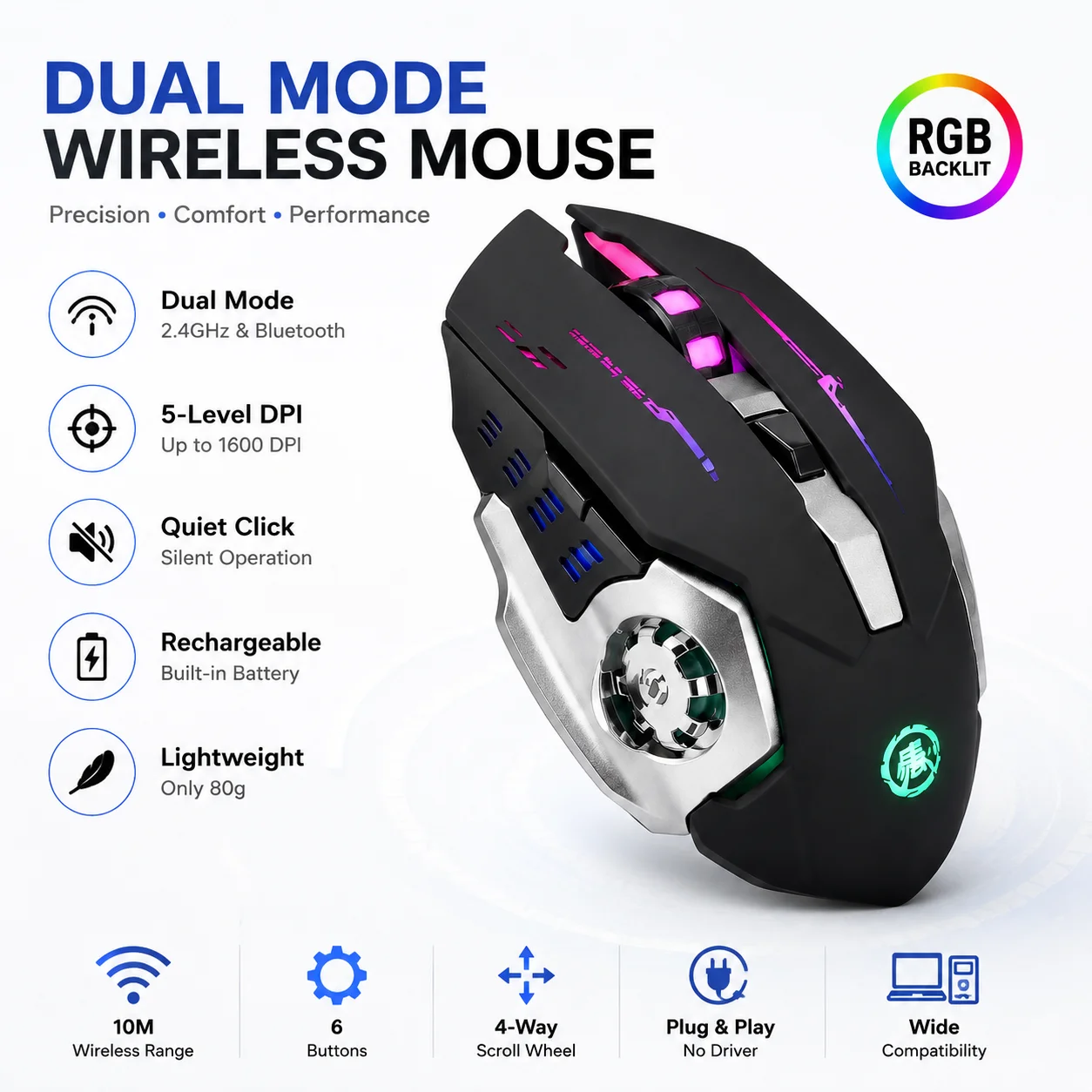 2.4G Wireless Bluetooth Mouse Rechargeable 6-Buttons 1600DPI Adjustable Ergonomic Design Mouse For PC Computer Laptop Tablet