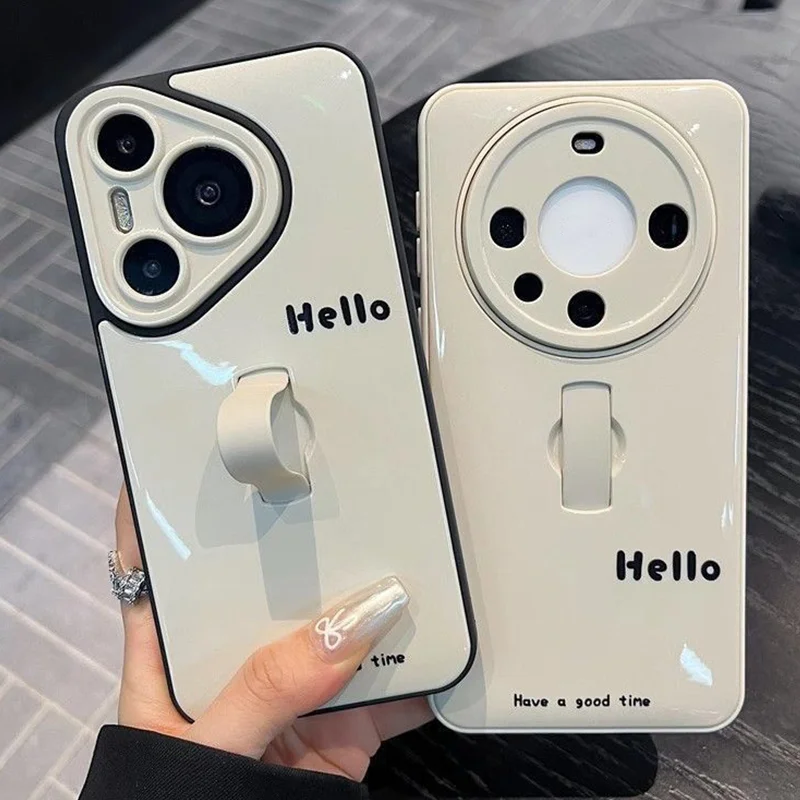 

Phone Case For Huawei Mate 60 Pura 70 80 Pro + New Korean INS Letter “Hello” Solid Color Protective Cover With Invisible Ring