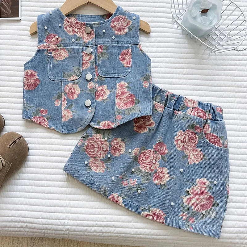 2Piece Summer Baby Girl Clothes Korean Fashion Denim Flowers Print Blue Tops+Skirt Kids' Sets And Outfits Children Clothing B426