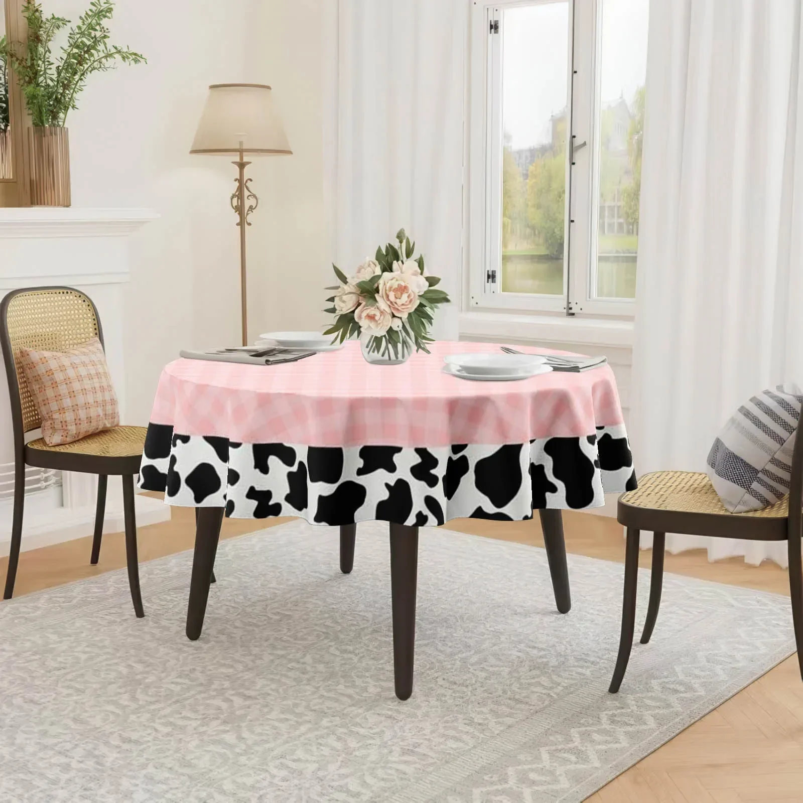 1 PC powder white check pattern tablecloth with black and white cow pattern edges in a round shapezyc