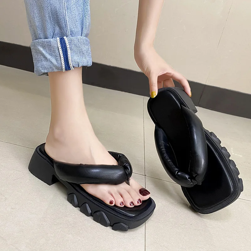 Square Toe Shoes Slippers Soft Slides Platform Fashion Low Rubber Flip Flops Summer Clogs Woman Pantofle Comfort Luxury Hawaiian