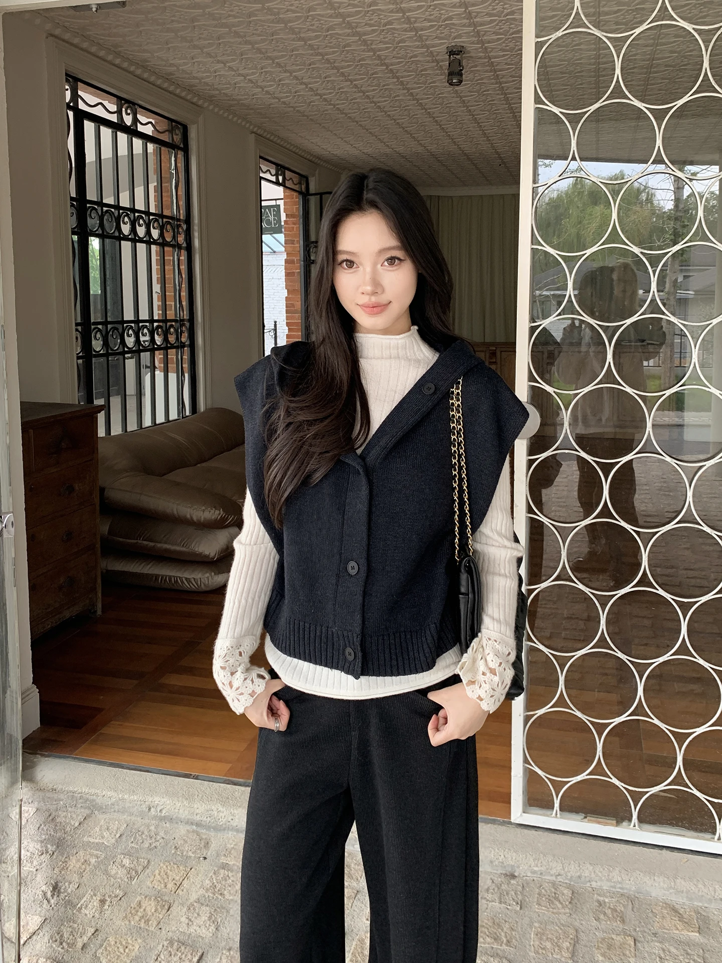 

Вязаный жилет из мериносовой шерсти Fcel, шапка, свитшот, вязаный кардиган свободного кроя для повседневной носки, весна-осень-зима