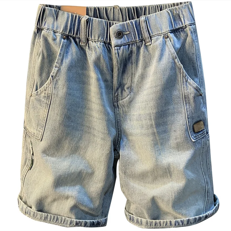 Summer casual denim shorts men2024summer light blue straight loose elastic waist elastic capri pants