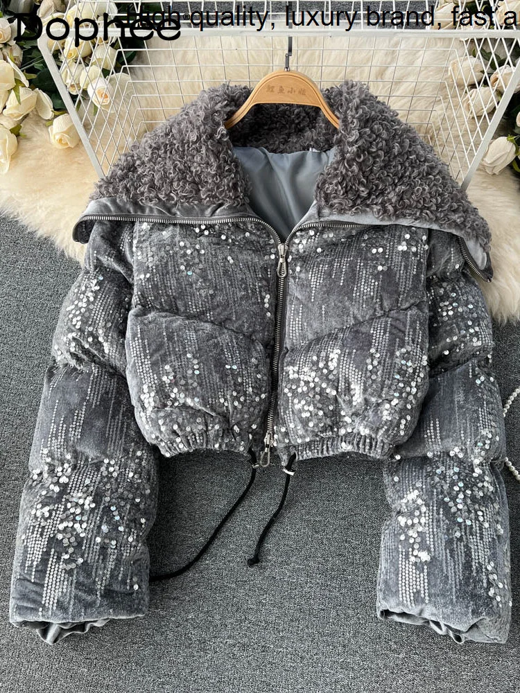 Sequined Winter New Lamb Wool Lapel Patchwork Short Cotton Coat Women's Parkas Fashion Black Sequins Baseball Uniform Jacket