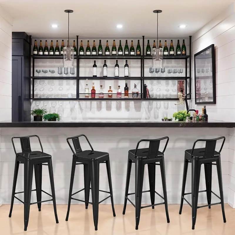 Metal Bar Stools Set of 4 Bar Height Barstools Kitchen Chair Industrial Bar Stools with Low Back for Indoor Outdoor Use Matte