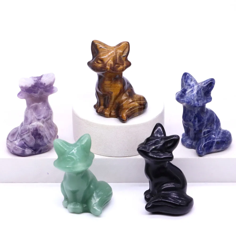 Estátua de raposa de 40mm, cristal de cura natural, estatueta de animal, escultura em pedra, energia reiki, pedra preciosa, artesanato mineral, decoração de casa, presente da sorte