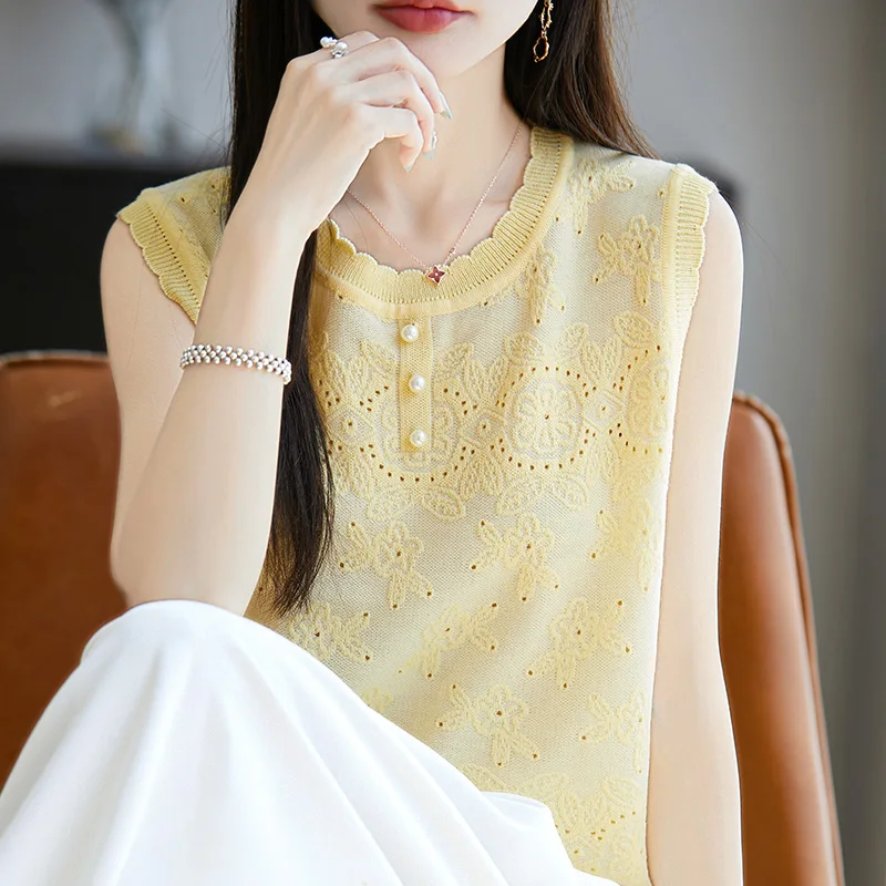صيف جديد الصوف محبوك المرأة سترة دون أكمام موضة عادية الراقية الجاكار الأعلى الجولة الرقبة فضفاضة لينة البلوز تي شيرت #6