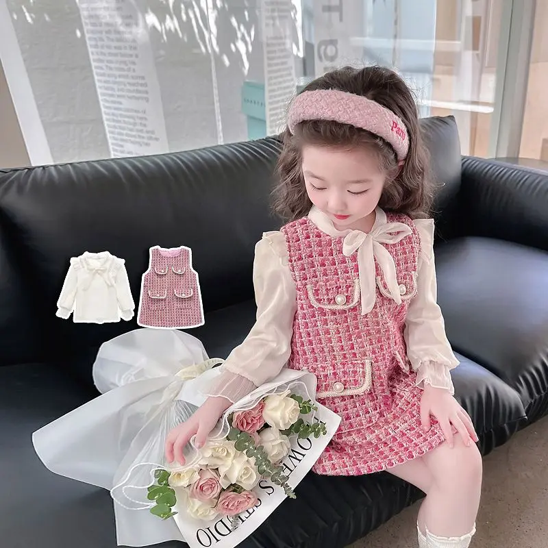 Kids Girls Princess A-Line Dress Clothes Autumn Winter Children Plaid Thick Sundress+Shirt 2Pcs Vintage Kids Party Elegant Skirt