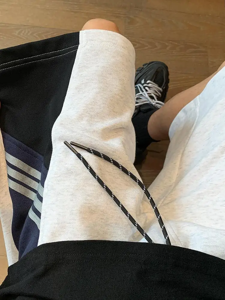 

Мужские летние свободные брюки-капри для спорта и отдыха, с полосатыми вставками, в американском баскетбольном стиле, прямого кроя, свободные, для повседневной носки