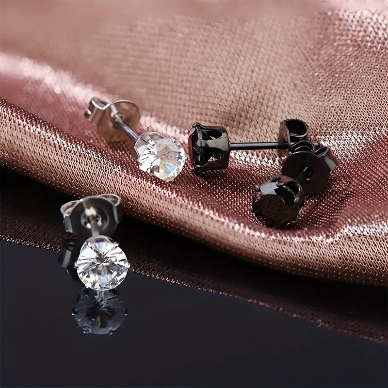 1 Pair 6mm Stainless Steel Classic Round Square Cubic Zirconia Ball Stud Earrings For Men Women Girls Black Silver Color