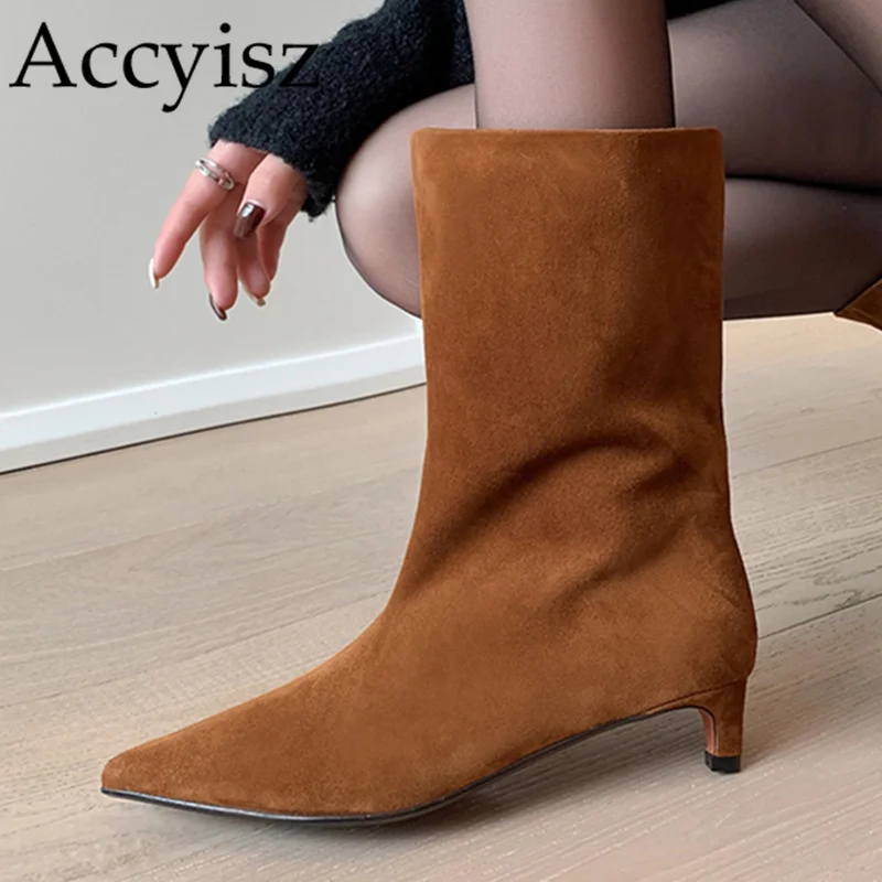 

Retro Mid Heels Western Short Boots Women's Solid Color Suede Cat Heel Ankle Botas Autumn Winter Pointed Toe Mid-calf Boots 2024