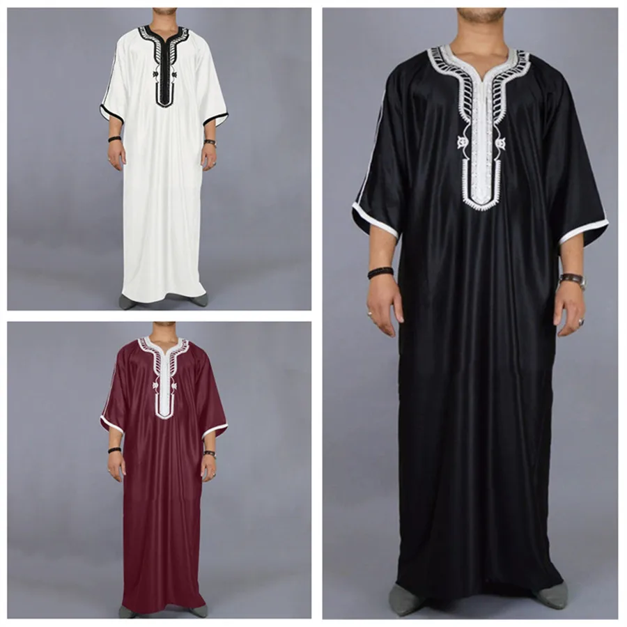 Мусульманские мужчины Джубба Тобес Арабский Дубай Кафтан Абая Халаты с коротким рукавом Исламская одежда Саудовская Аравия Вышитое летнее длинное платье