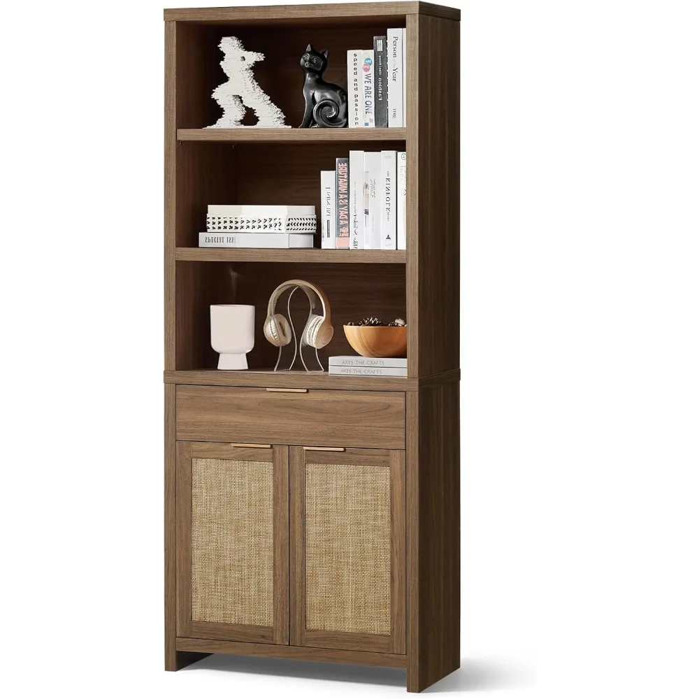 

Bookcase, 71" Tall Bookshelf 5 Tier Rattan Boho Bookcase with Doors and Storage Cabinet, Large Wooden Book Case Farmhouse Booksh
