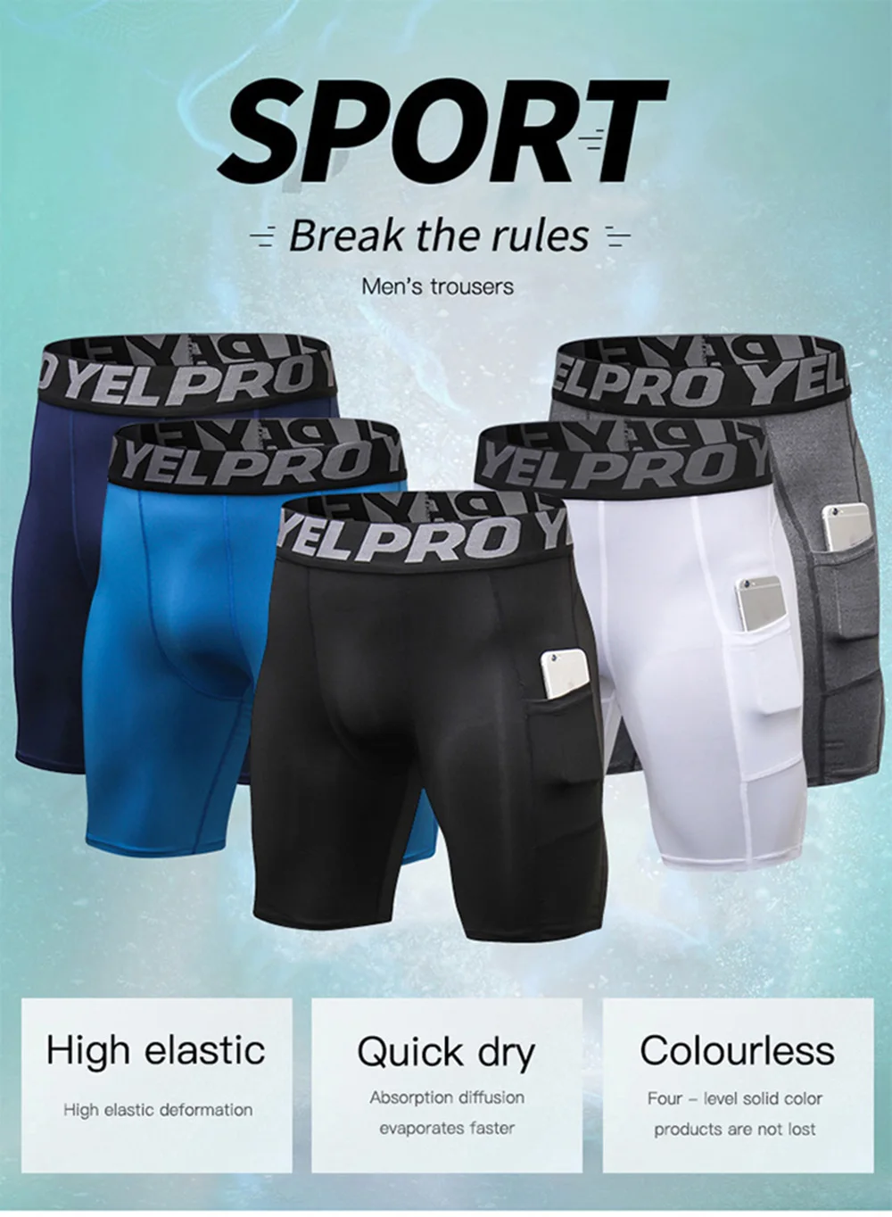 Sport-Shorts für Herren, Kompressions-Laufshorts mit Tasche, schnell trocknend, Workout, Fitnessstudio, Shorts, Fitness, Sport-Leggings für Herren – Detail 1