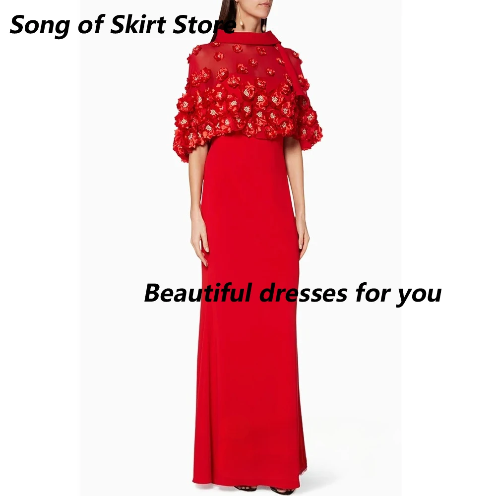 

Red Evening Dress Customized High Neck Applique Jersey Evening Gowns Pearls Mermaid Floor Length Wedding Party Dresses