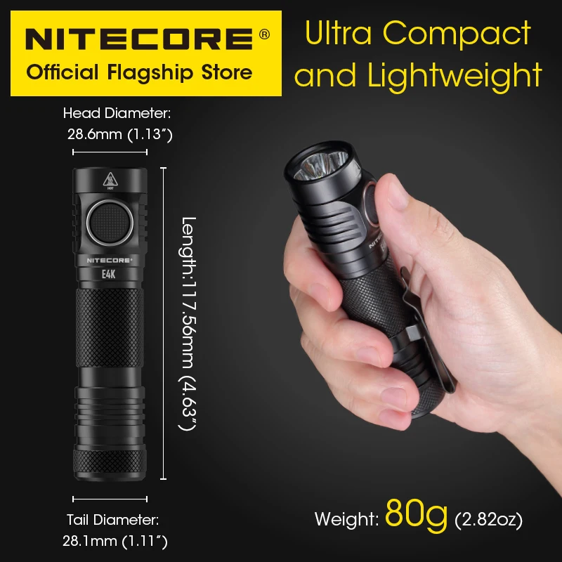 Original NITECORE E4K 4400 lumen LED Flashlight super bright straight tube EDC Portable with 21700 5000mAh Rechargeable Battery