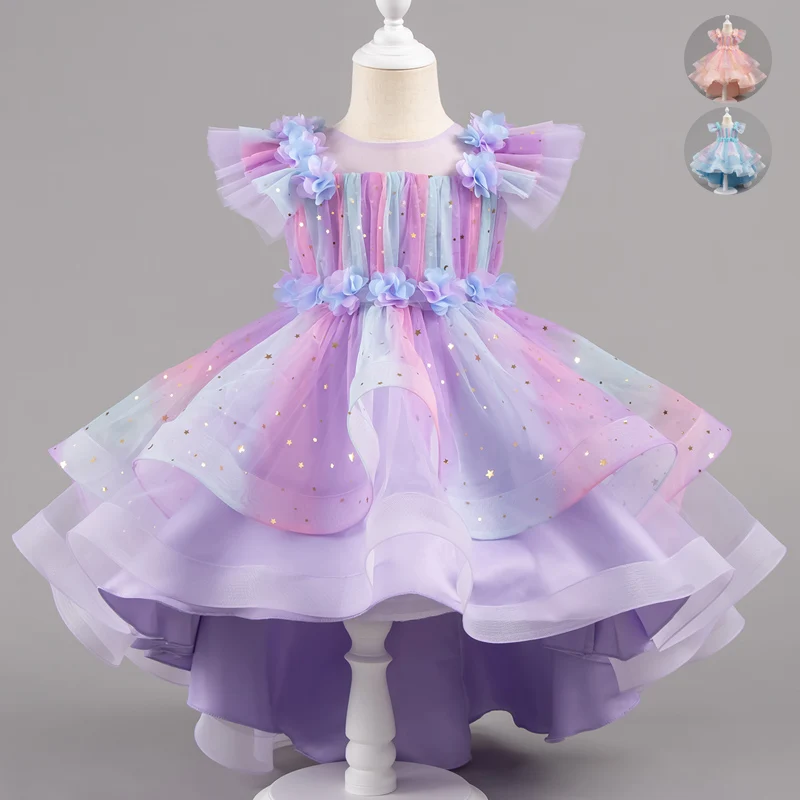 

Fashion Purple Dress for Girls Mesh Princess Costume for Girls Summer New Kids Flower Girl Dresses for Weddings 3-10 Years