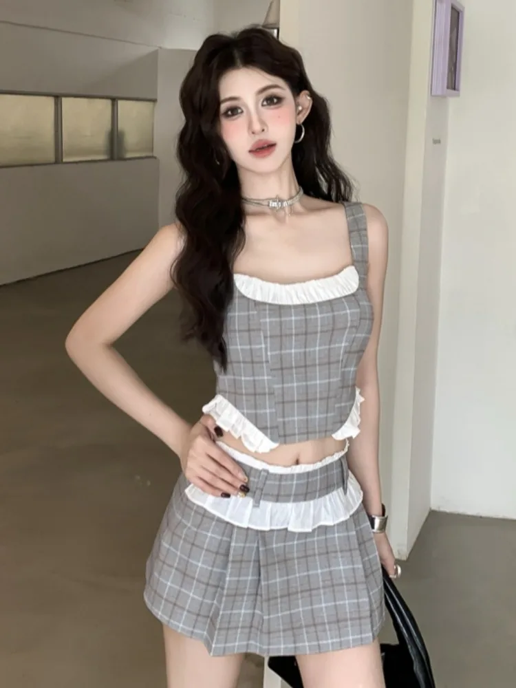 Vacation Style Retro Striped Plaid Wooden  Splicing Strap Vest Women Summer Slimming Short Skirt Pants Two Piece Set