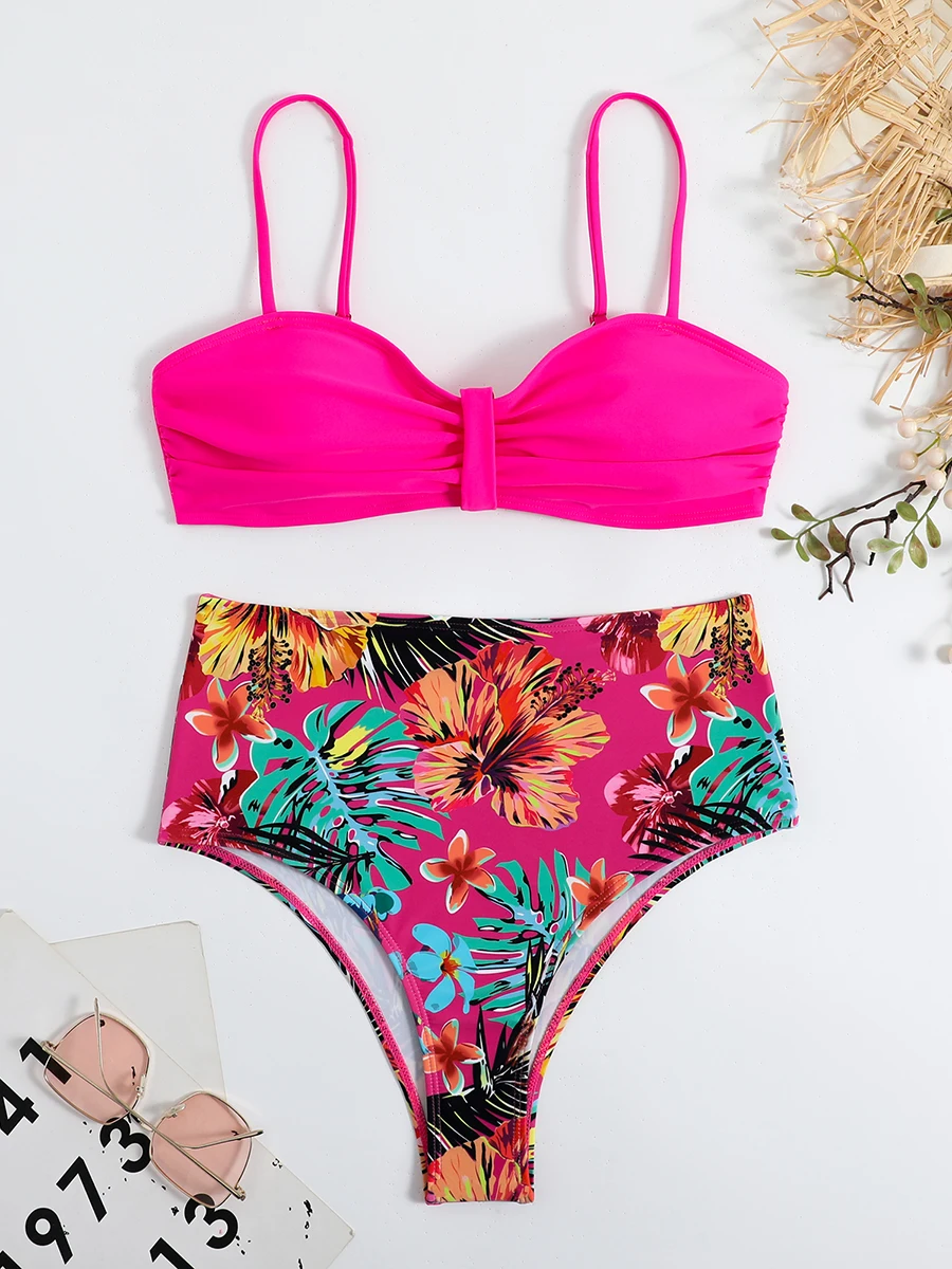 Floral Push Up Bikini Bandeau strój kąpielowy kobiety 2023 stroje kąpielowe kobiet wysokiej zwężone zestaw Bikini Sexy pływać dla kobiety nosić