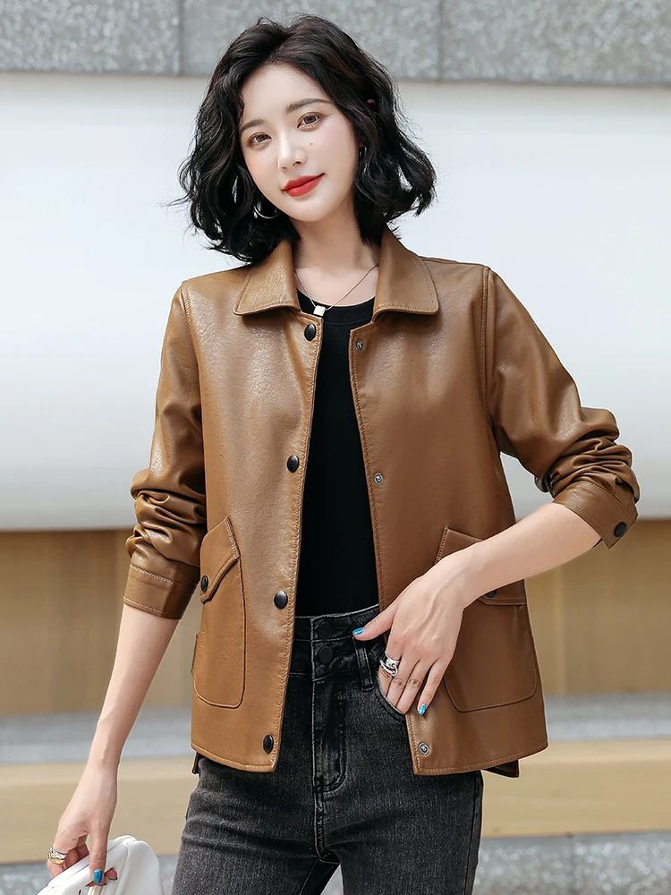   Giacca da donna in vera pelle Ning, stile casual, vestibilità ampia, in pelle di pecora, modello slimming, stile biker, per primavera e autunno, nuovo arrivo