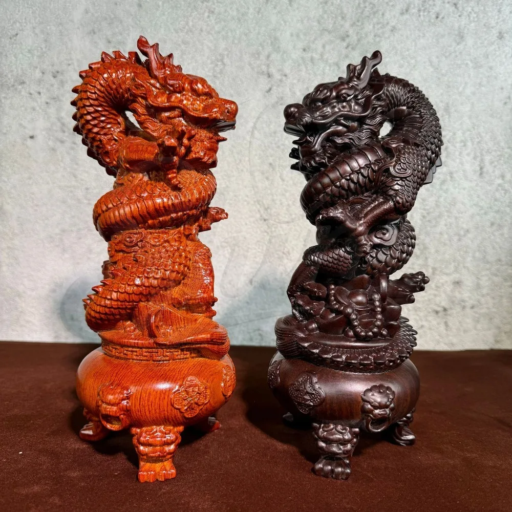

Ebony Wood Carving Chinese Zodiac Dragon Ornaments Treasure Bowl Disc Dragon Crafts Decorative Home Ornaments