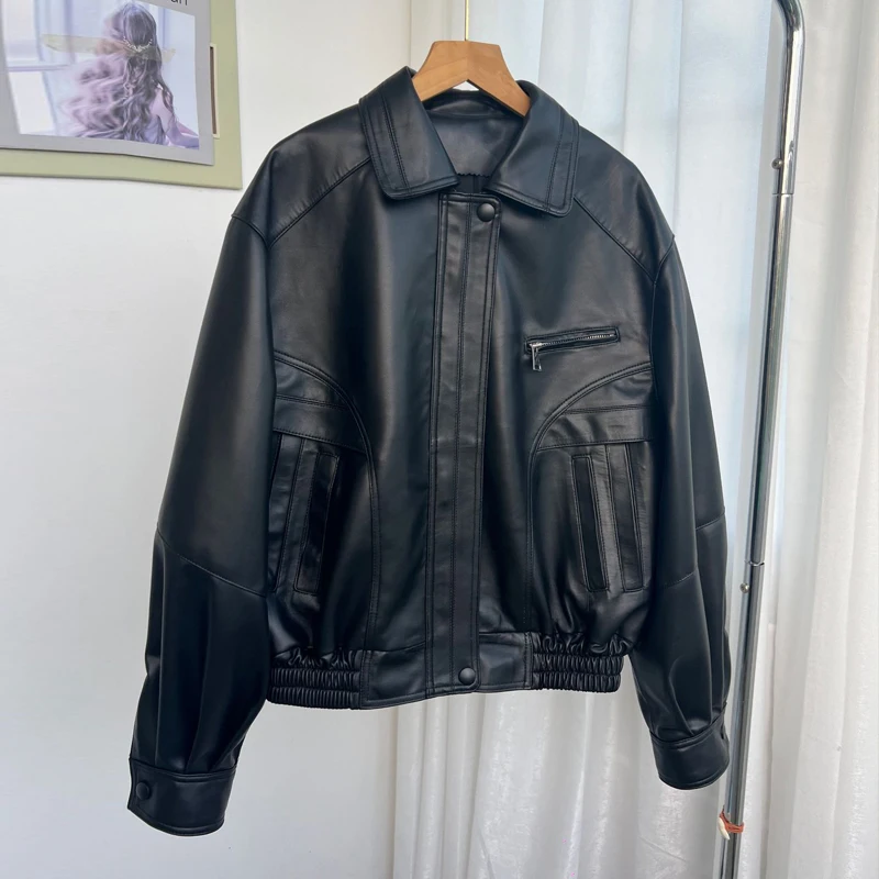 Mode Highstreet Vrouwen Echte Lederen Jassen Tops Casual Zwarte Revers Drop-Schouder Vrouwelijke Losse Schapenvacht Jassen