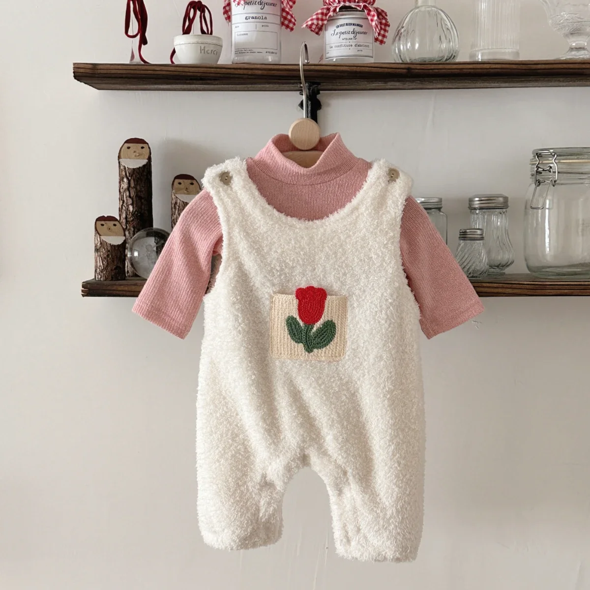 2Pcs Winter Autumn Toddler Baby Girls Clothes Flower Embroidered Plush Rompers+Pink Bottom Shirt Set Infant Warm Clothing Suits