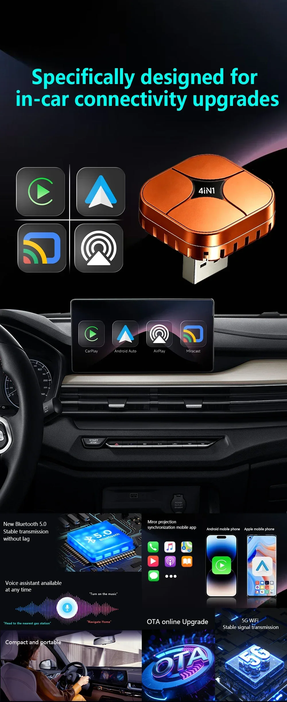 Upgrade 4-in-1 Carplay Smart Dongle Kabelloses Android Auto Mirror Link USB Plug-and-Play Automatische Verbindung WLAN für Apple und Android – Detail 5